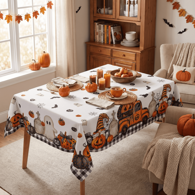 Halloween Tablecloth 60x60 Inch Square Bat Ghost Pumpkin Plaid Wrinkle-Resistant & Washable