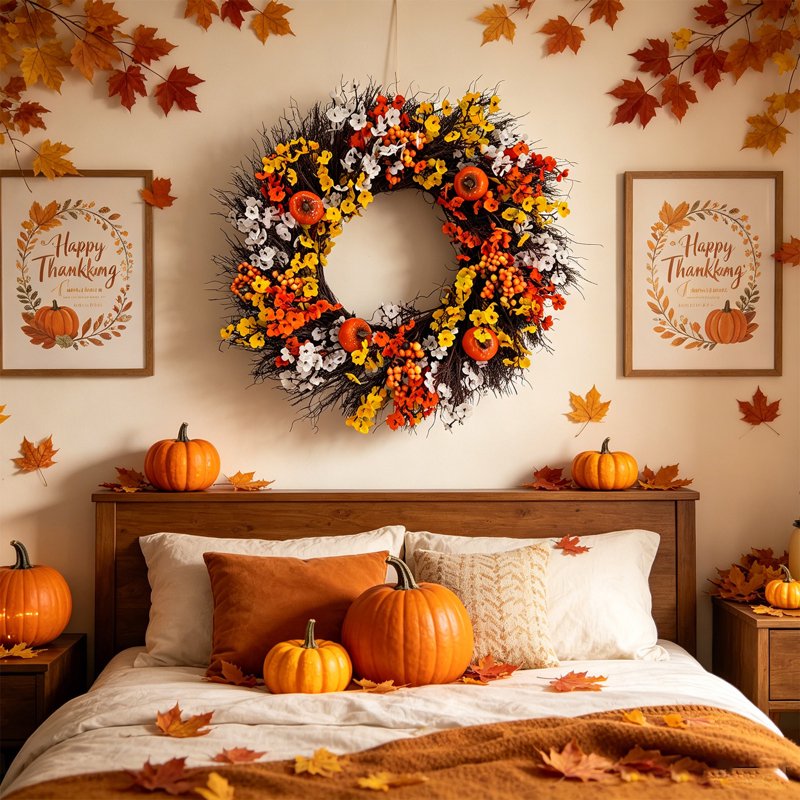 Fall Wreath for Front Door Halloween Thanksgiving Artificial Autumn Decor D-9