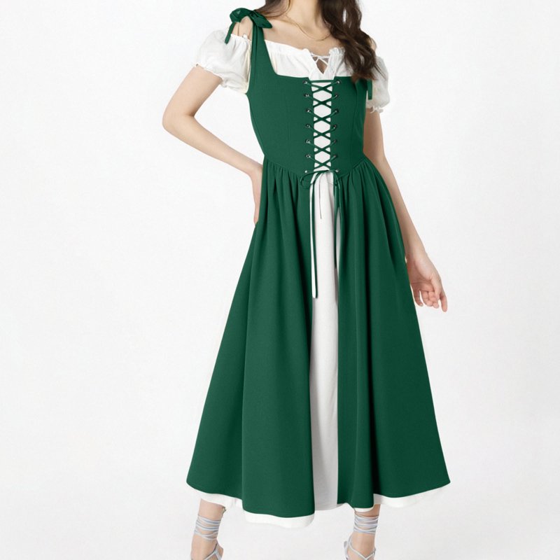 Women's Renaissance Costume Dress Vintage Medieval Gown - Green XL - AA Green