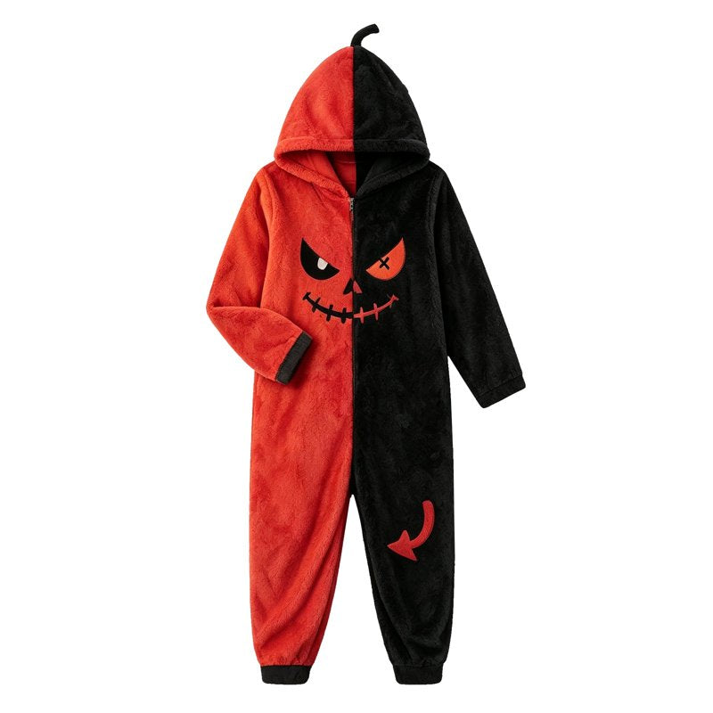 Adult Red Plush Pumpkin Print Hooded Onesie Pajamas M - Cozy Halloween Costume
