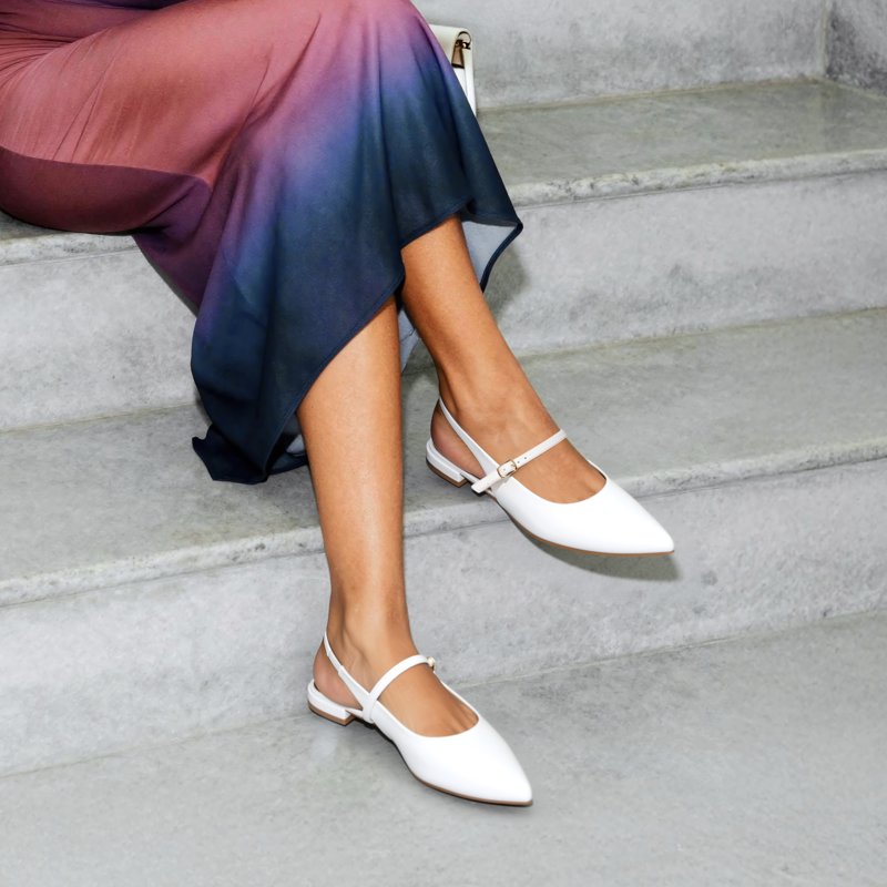Women’s Pointed Toe Slingback Flats - White, Size 9, Low Heel Dress Shoes