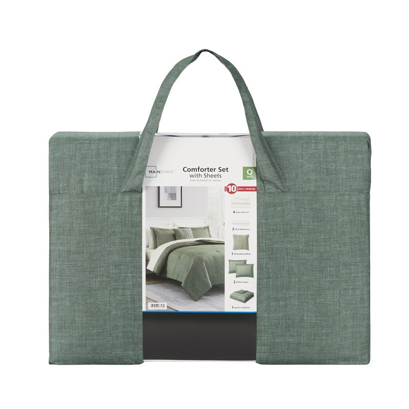 Queen Green Texture Bed in a Bag Comforter Set with Sheets - 10 Piece