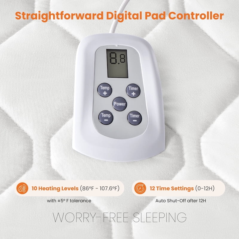 Electric Heated Mattress Pad Queen Size 80x60 with Dual Control & 10 Heat Levels
