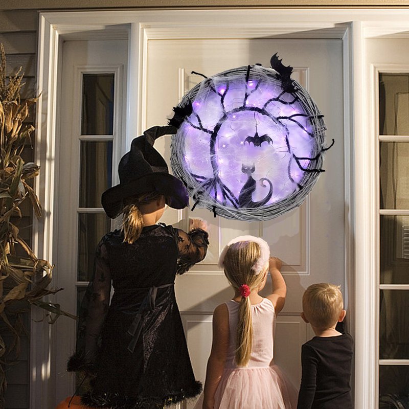 Halloween Wreath with Purple LED Lights Bat Cat Decor for Front Door