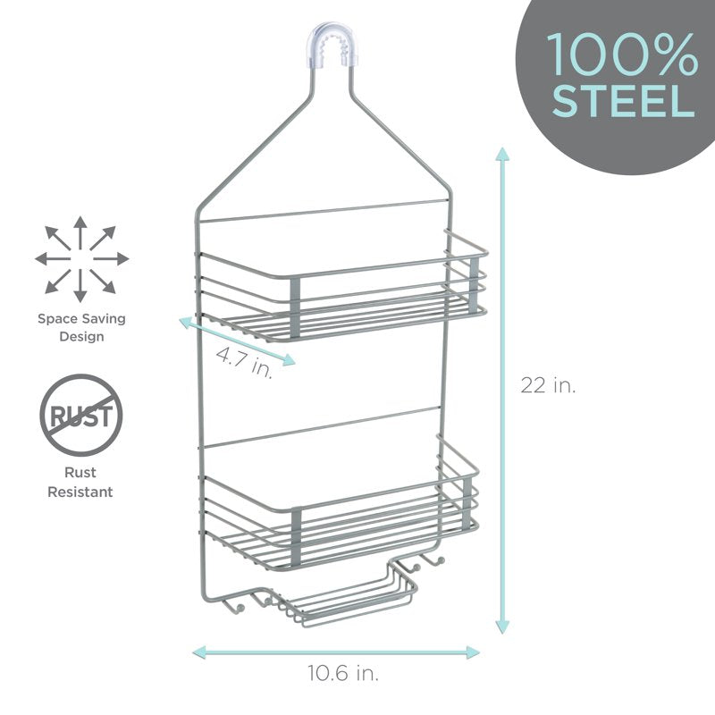 Gray Shower Caddy with 2 Shelves and Hooks - Over-the-Shower Head Storage Organizer