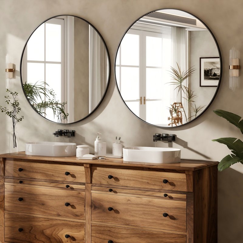 30 Inch Black Round Wall Mirror - Aluminum Alloy Frame Bathroom Mirror - Variation of THIS listing