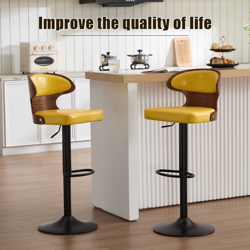 Swivel Bar Stools Set of 2 - Wooden Kitchen Chairs with Back, Yellow