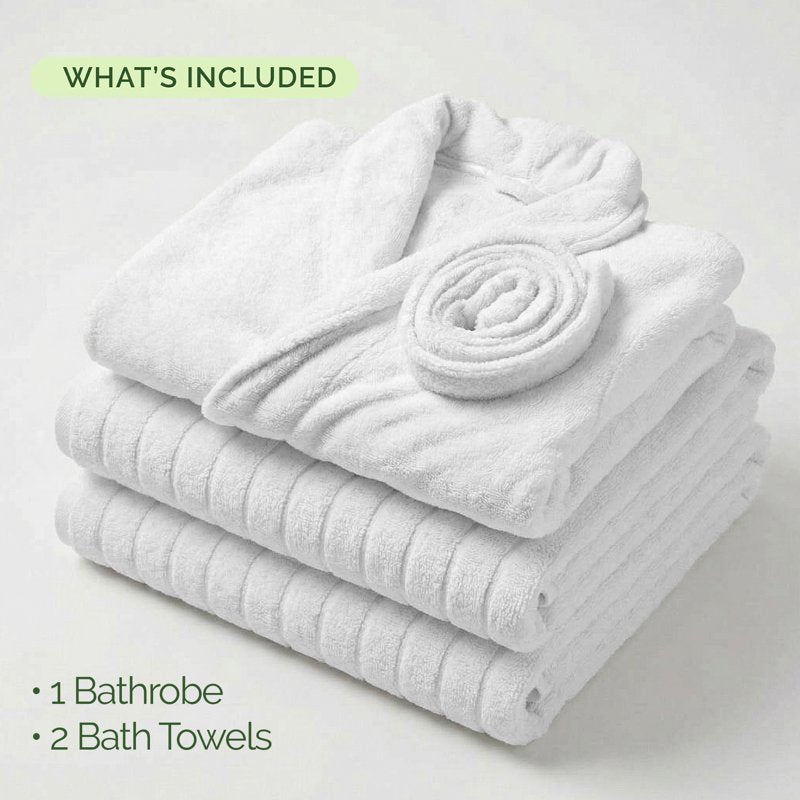 White Small Spa Bath Set with Plush Robe & Ribbed Towels – Hotel Quality