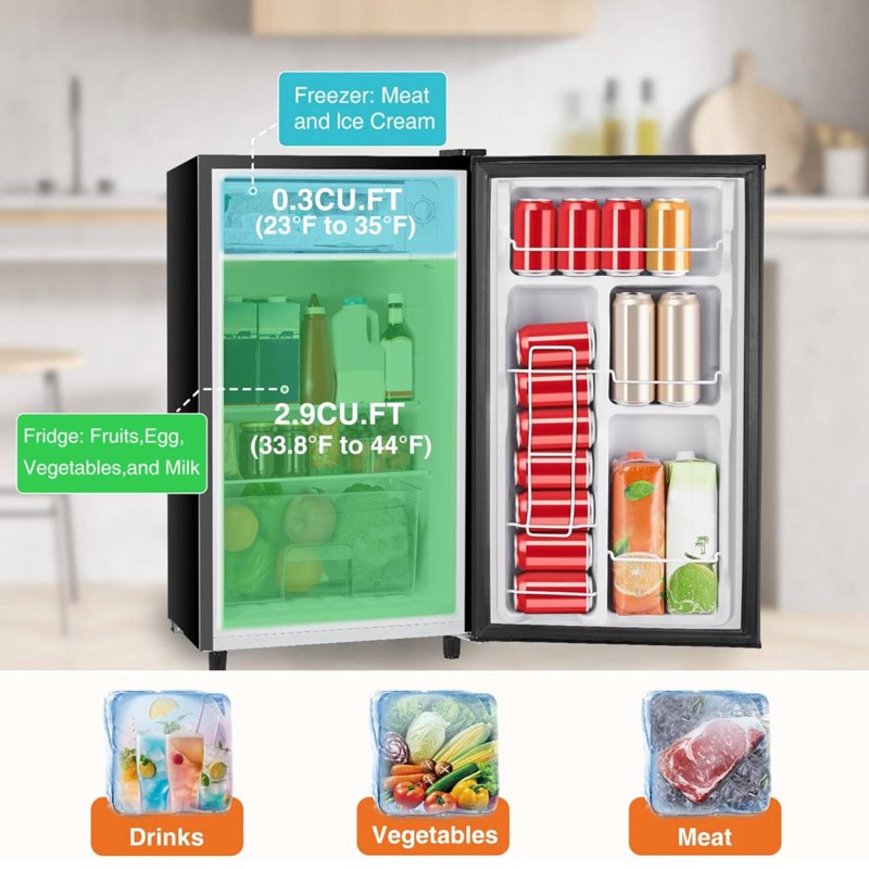 3.2 Cu. Ft Mini Fridge with Freezer - Adjustable Thermostat, Black