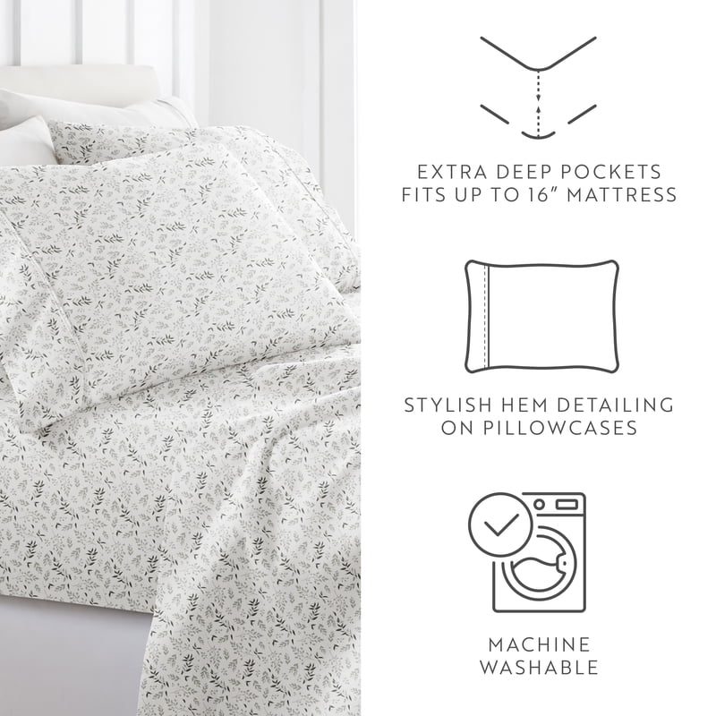 Twin Microfiber Bed Sheet Set with Foliage Pattern - Tossed Eucalyptus, 4 Pieces