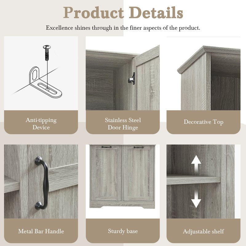 Oak Tall Storage Cabinet with 2 Tilt-Out Laundry Baskets - Freestanding Organizer