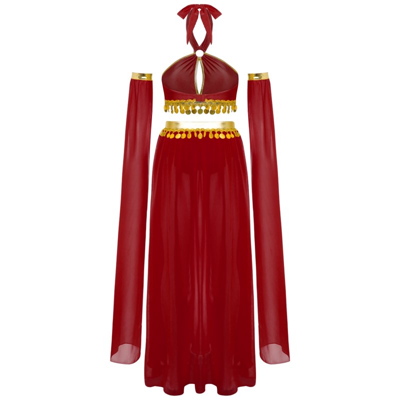 Women Belly Dance Costume Set Burgundy M - Chiffon Skirt & Crop Top