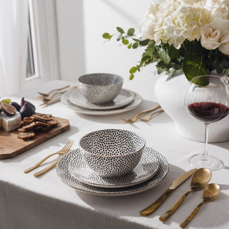 Ceramic Salad Plate - Black and White Dot Design with Gold Rim