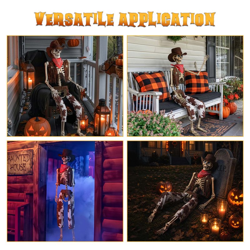 Life Size Cowboy Skeleton Halloween Prop - 5.6ft Outdoor Indoor Decor