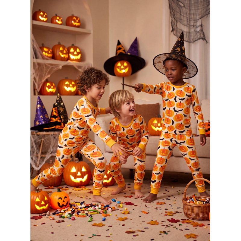 Toddler Halloween Pajama Set - Snug Fit Pumpkin Bat Long Sleeve Top & Pants 4T Orange