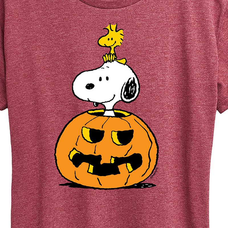 Heather Wine Peanuts Snoopy Woodstock Pumpkin Women's Graphic T-Shirt M