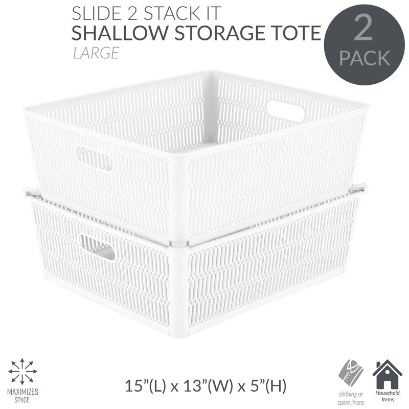 Simplify 2 Pack White Plastic Storage Baskets - Shallow Stackable Organizers