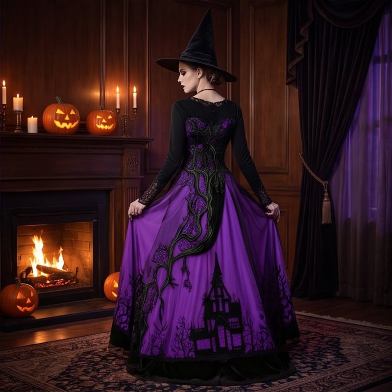 Women's Gothic Halloween Dress - Thorn Pattern Lace Chiffon Maxi Costume - Purple 2XL