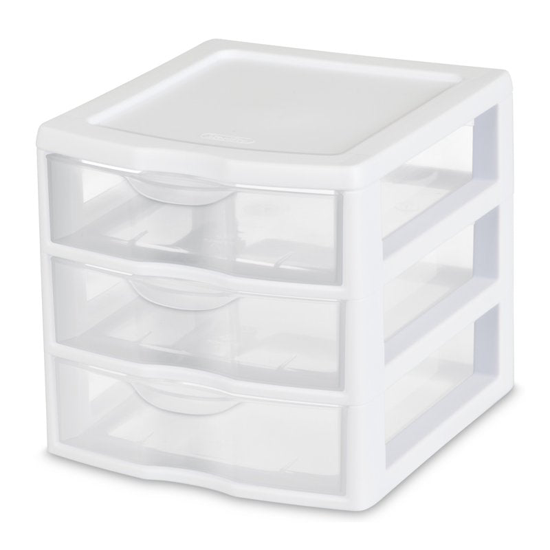 (2 Pack) Sterilite Small 3 Drawer Countertop Organizer, Clear Storage for Desks & Shelves – White