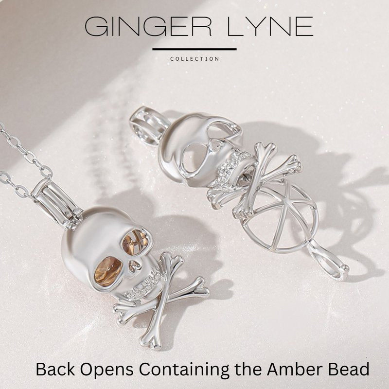 Sterling Silver Skull Necklace for Women with Amber Bead Eyes and Adjustable Chain