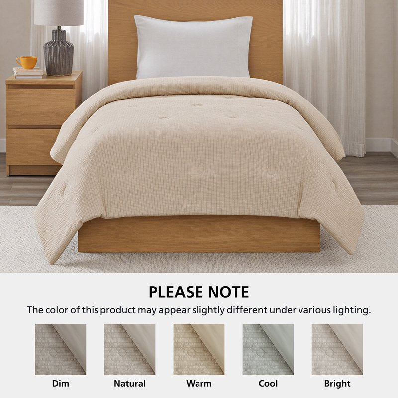 Twin-XL Reversible Down Alternative Comforter - All-Season Beige Seersucker