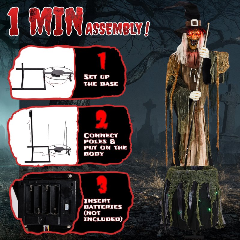 7ft Halloween Animatronics Witch with Stirring Cauldron - Green Glow & Light-Up Eyes - Variation: Witch