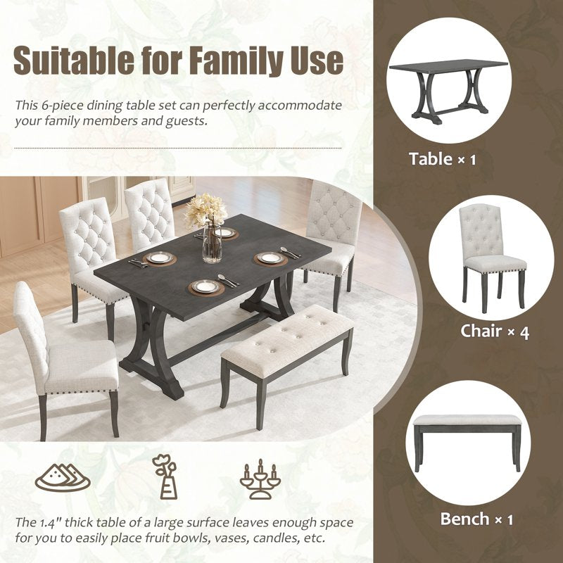 60" 6-Piece Dining Table Set - Antique Gray, Modern Design