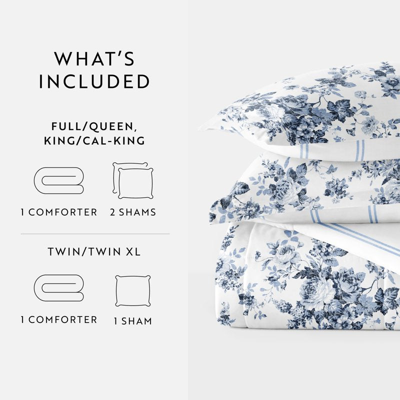 Full/Queen Reversible Comforter Set with Cabbage Rose Stripe - Stone