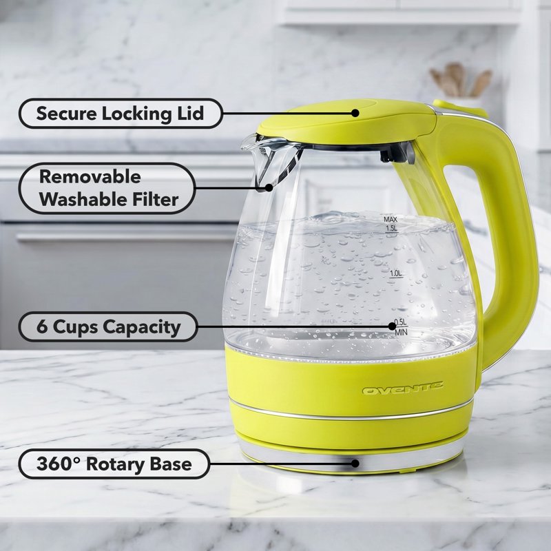 1.5L Electric Glass Kettle - Fast Boiling, BPA-Free, Green