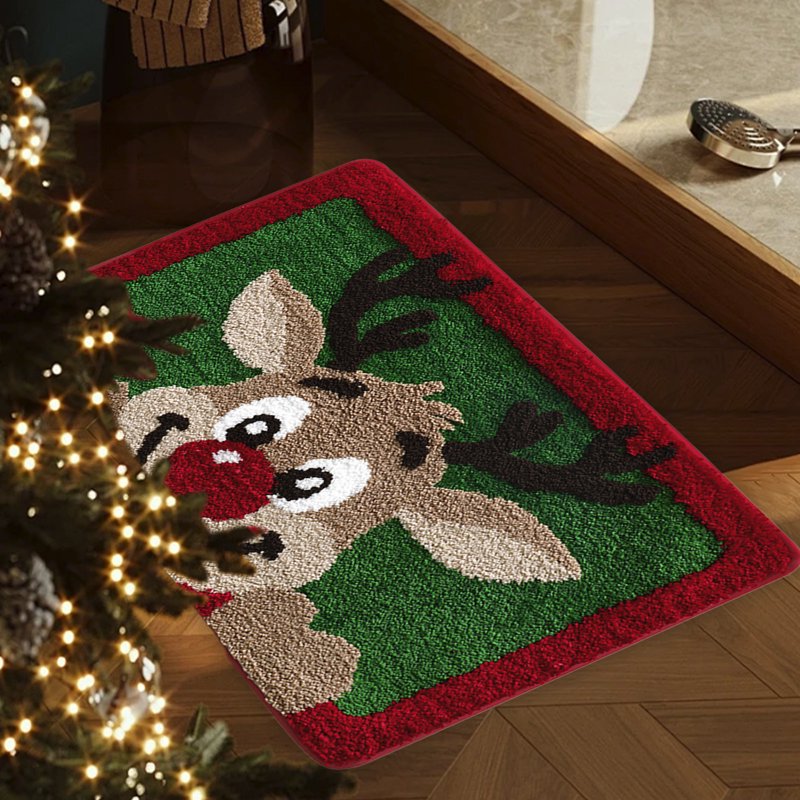 Christmas Reindeer Doormat - Green Holiday Rug with Non-Slip Rubber Backing - Variation #20Christmas