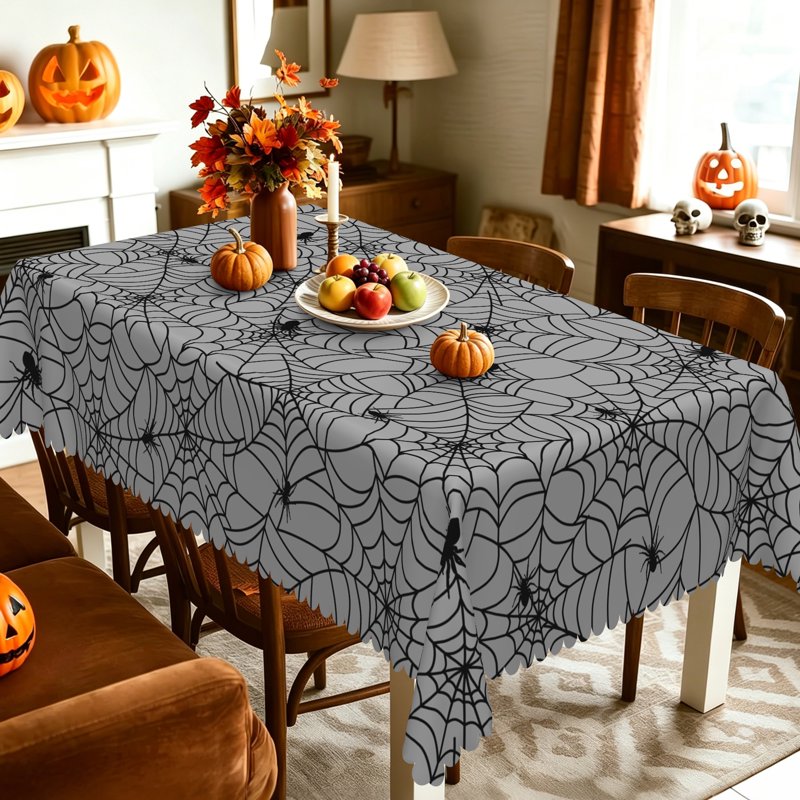 Halloween Gray Spider Web Tablecloth - 60x102 Inches Holiday Dining Decor