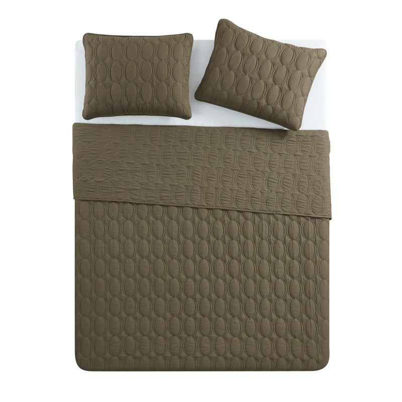 King Olive Geometric Quilt Set with Circles - 3-Piece Bed Comforter and Shams