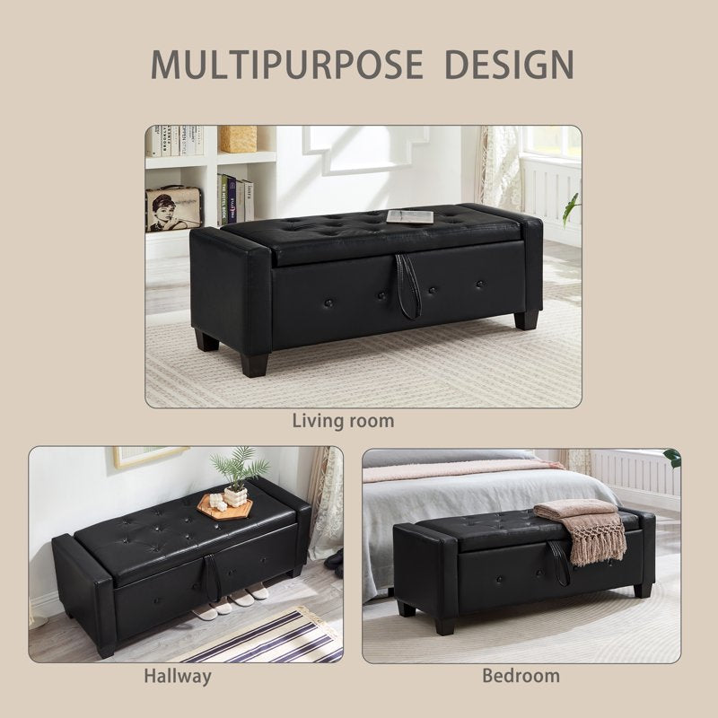 Spacious Faux Leather Storage Ottoman Bench - Black, 48"