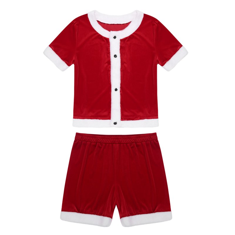 Men's Velvet Santa Costume Set - Short Sleeve Top & Elastic Waist Shorts, Red, Medium