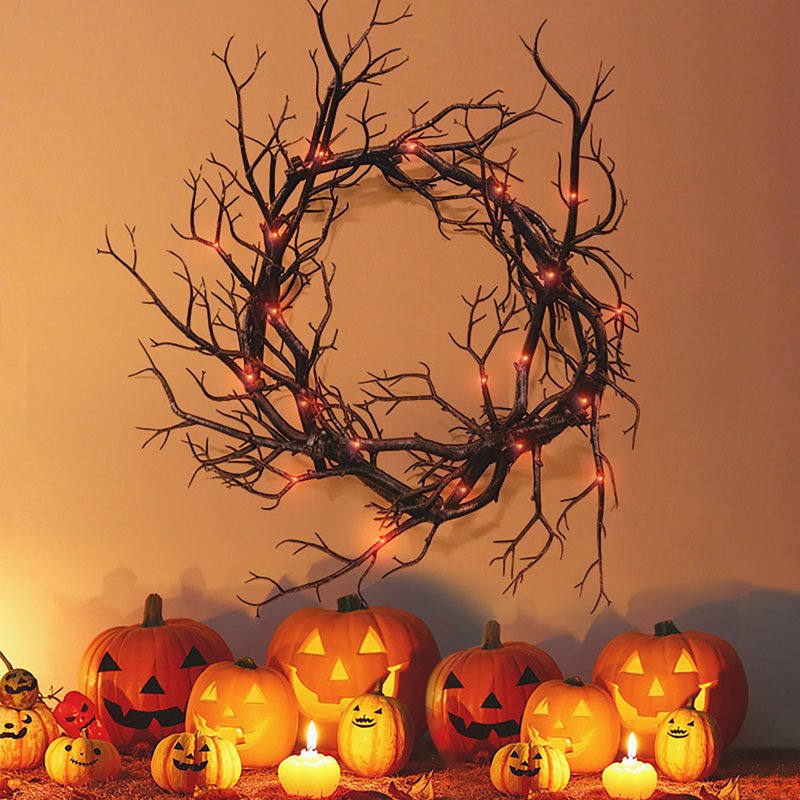 Halloween Black Branch Wreath with Red Lights for Front Door Indoor Outdoor Decor
