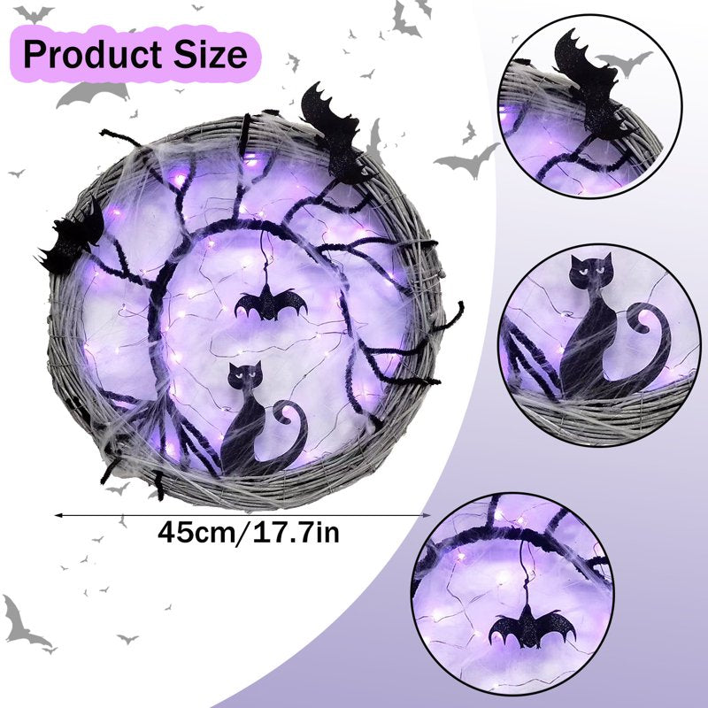 Halloween Wreath with Purple LED Lights Bat Cat Decor for Front Door
