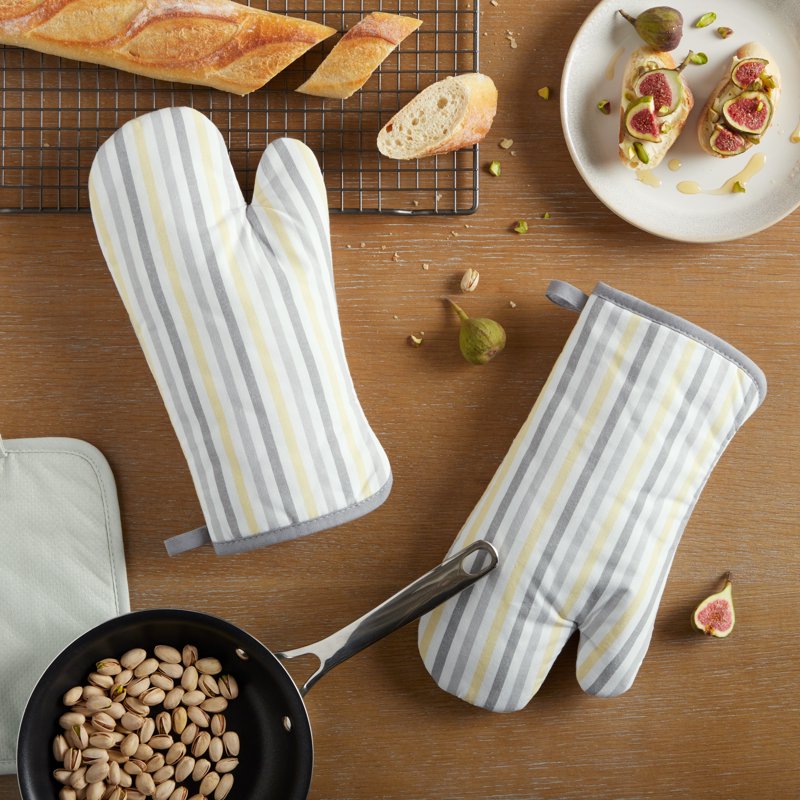 Daisy Stripe Oven Mitt Set - Grey/Yellow, 2-Pack, 7x13