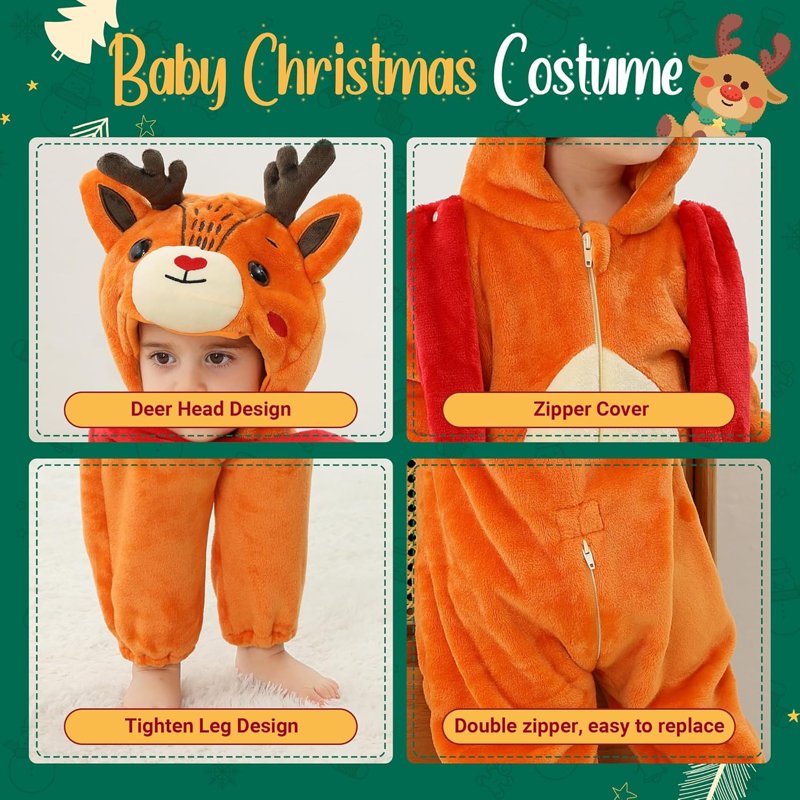 Baby Animal Costume Romper Unisex Winter Flannel Hoodie - Deer, 0-6 Months