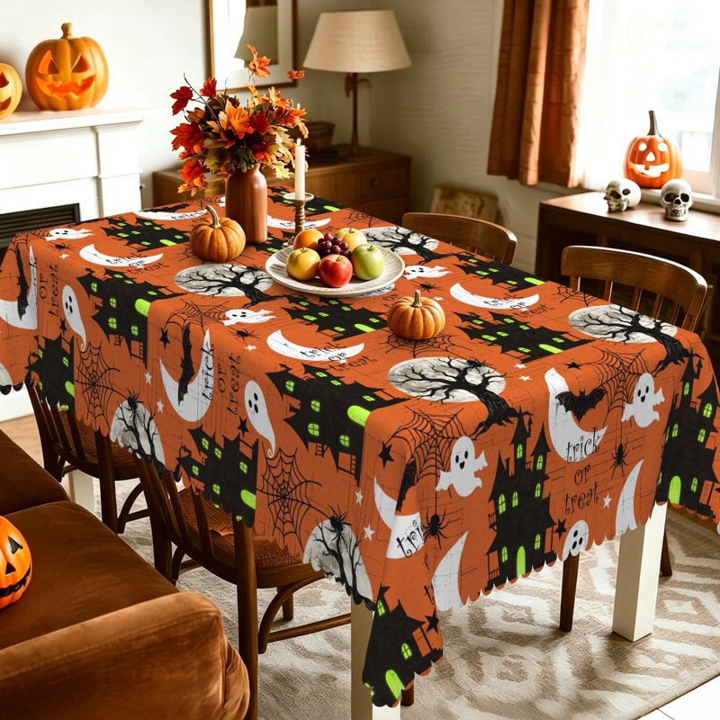 Halloween Orange Tablecloth with Ghost Bat Castle Design - 54x72 Inch, Holiday Party Decor