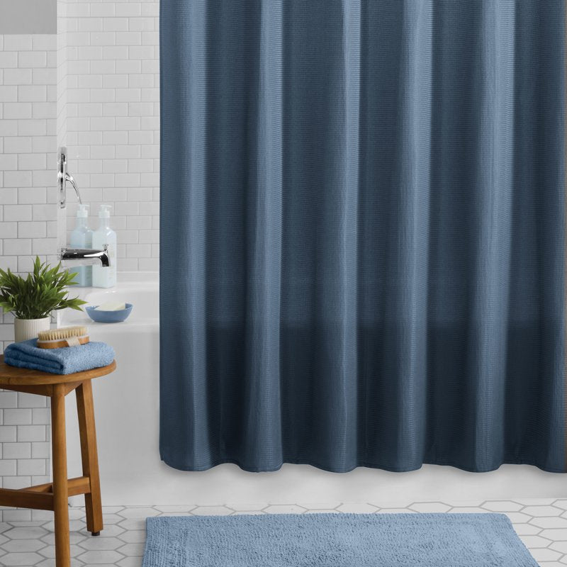 Mainstays Waffle-Weave Fabric Shower Curtain - Cotton Blend, Recycled Polyester, Blue, 72 x 72 Inches