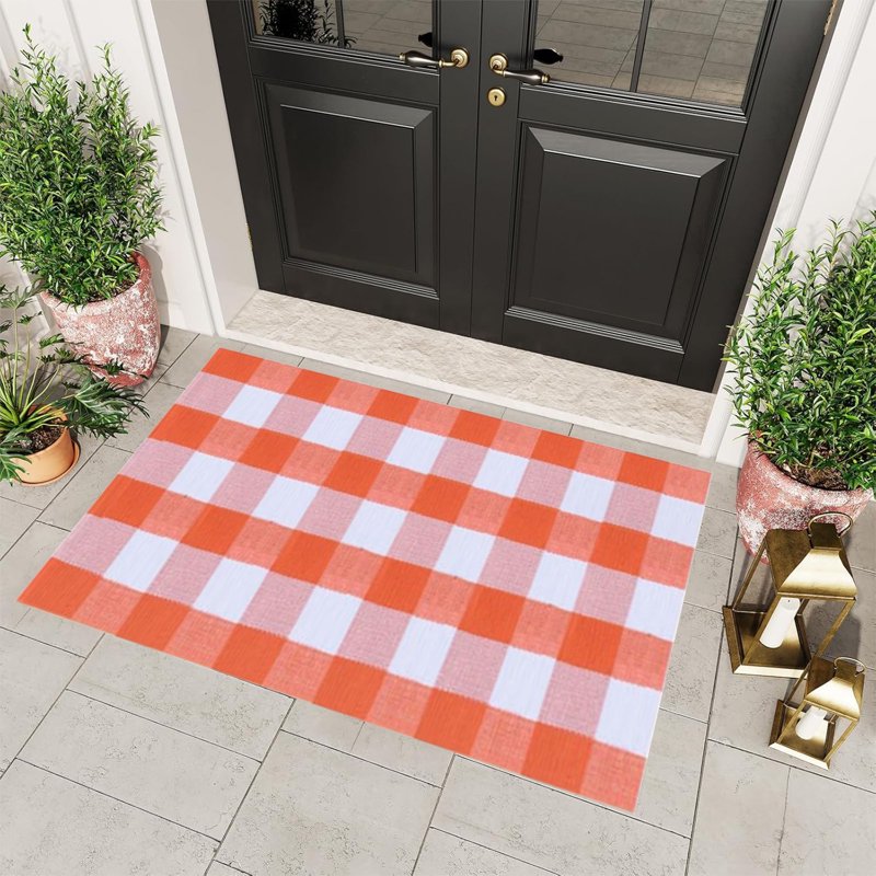 Orange Plaid Fall Outdoor Doormat - Hand-Woven Porch Rug for Thanksgiving & Halloween - Variation: A Orange