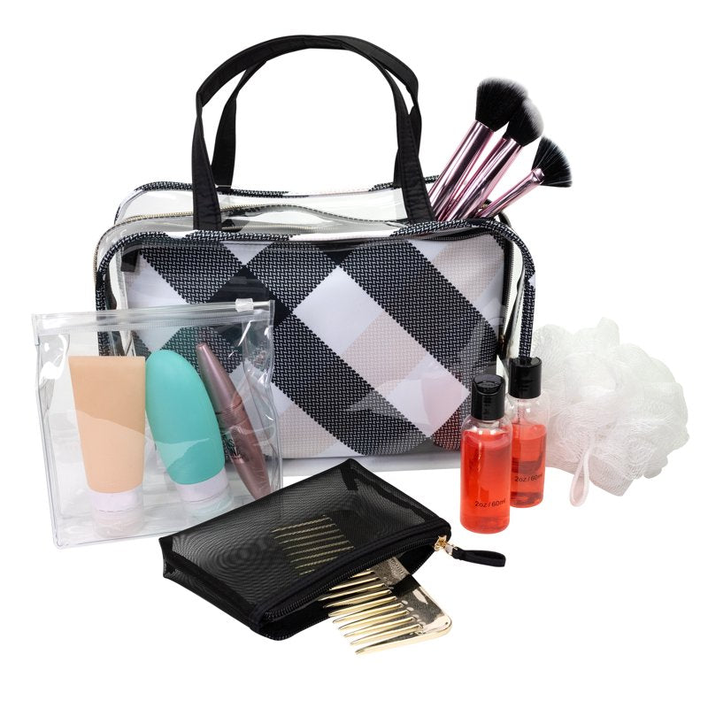 7-Piece Black Plaid Cosmetic Bag Set with Tote & Pouches