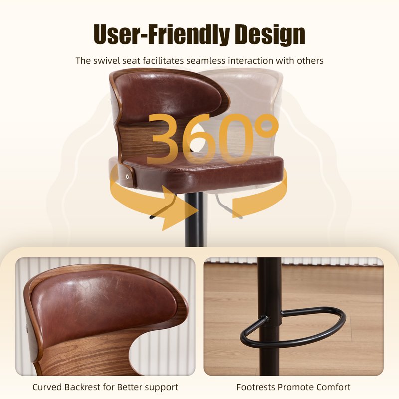 Swivel Bar Stools Set of 2 - Wooden Kitchen Chairs with Back, Brown