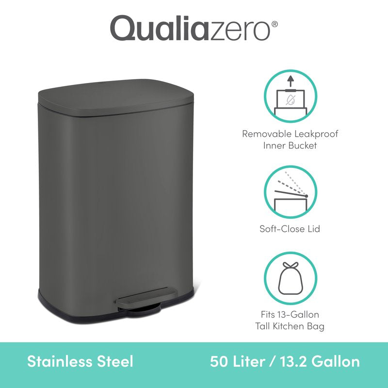 QualiaZero Matte Grey Kitchen Trash Can 13.2 Gallon Stainless Steel Step Bin