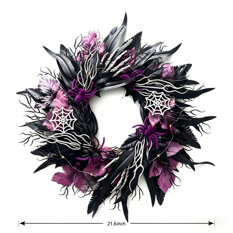 Halloween Black and Purple Wreath with Spider Web & LED Lights - 21.6 Inch Indoor/Outdoor Door Wall Decor