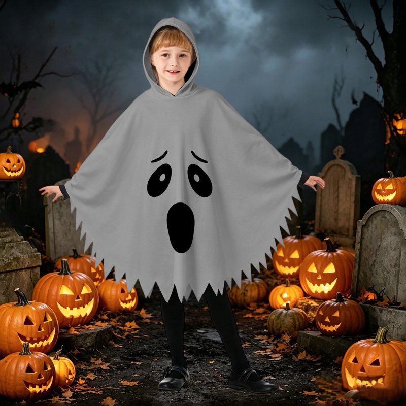 Kids Halloween Ghost Face Costume Cape - Unisex Hooded Dress Up for 10-12 Years - Grey