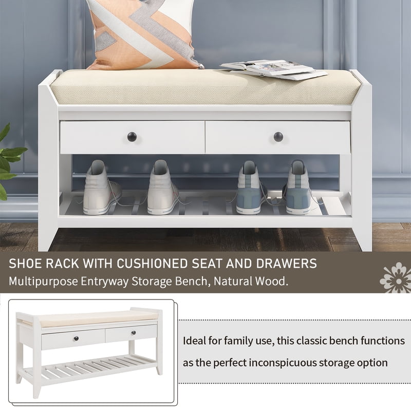 35" Shoe Rack Storage Bench with Cushioned Seat and Drawers