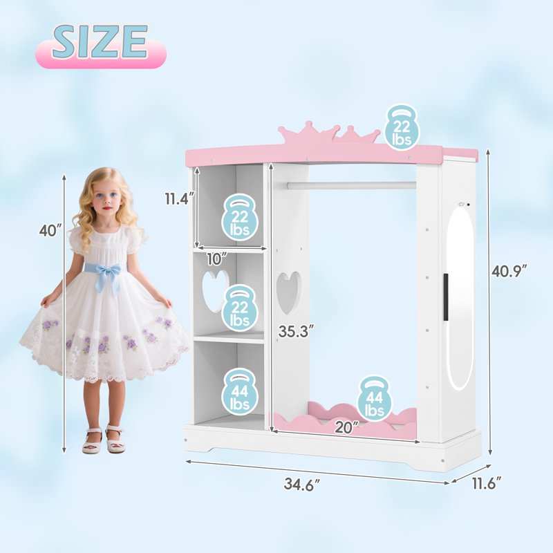 Kids Armoire with Mirror and Jewelry Storage - White Princess Style Wardrobe for Children