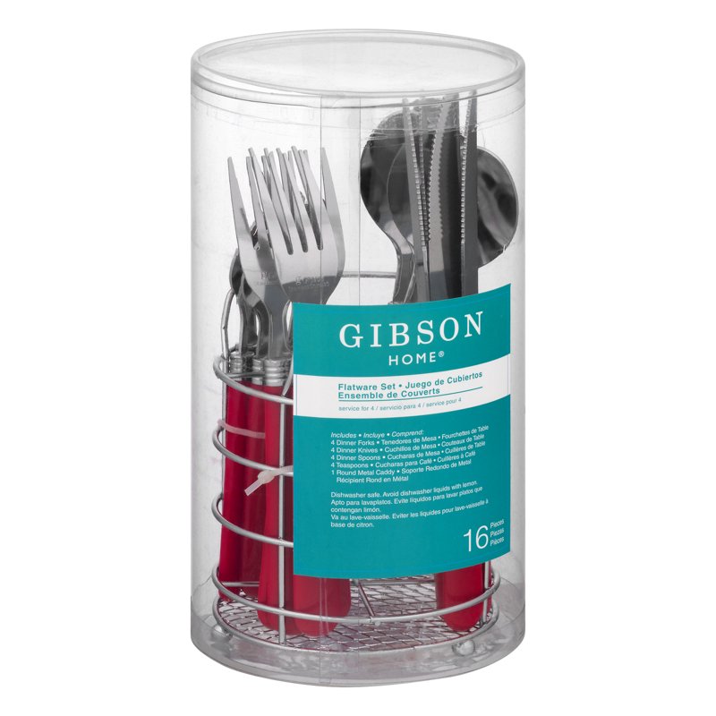 16-Piece Flatware Set with Wire Caddy - Red Plastic Handles