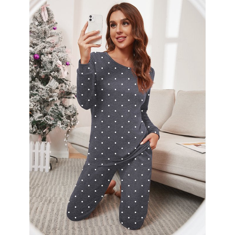 MINTREUS Women's Pajama Set Long Sleeve Sleepwear Lounge Sets with Pockets - 18-Dot Grey, Large